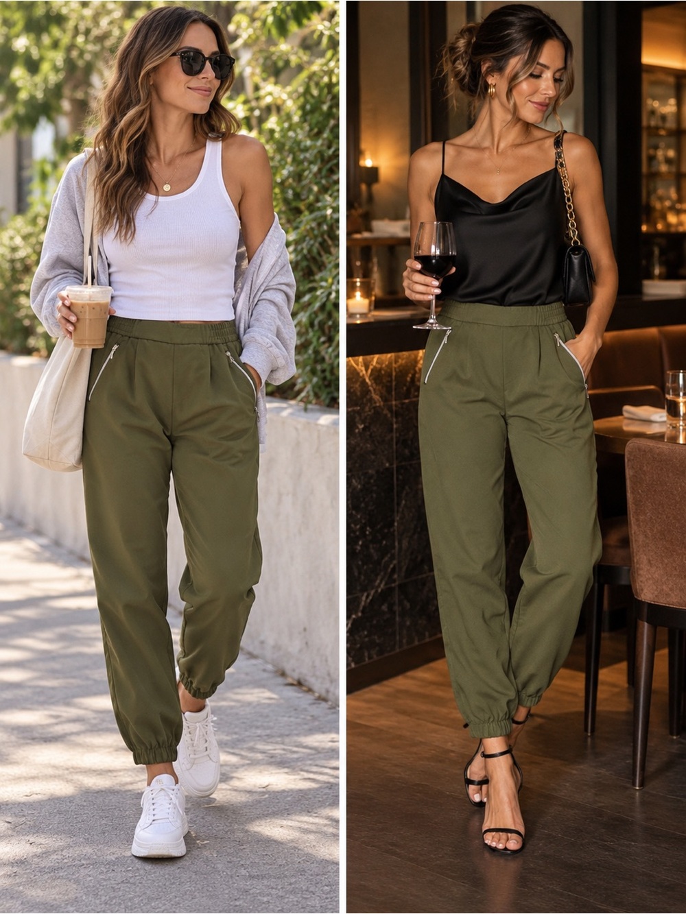 Seduction olive green zipper pocket elastic waistband pull on tapered ankle pant